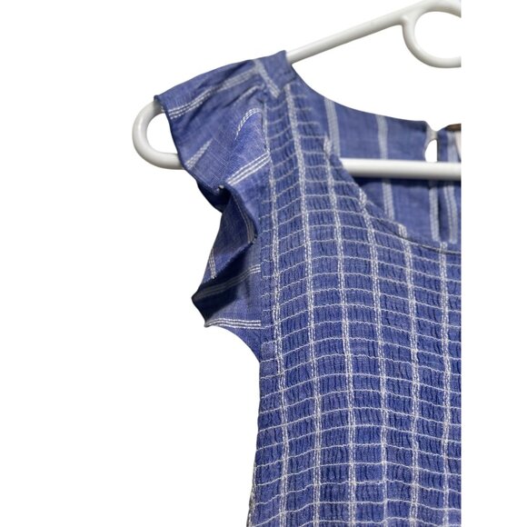 Free People Chambray Striped Dress Medium Pastel Blue Smocked Waist Ruffle Boho - Picture 14 of 16